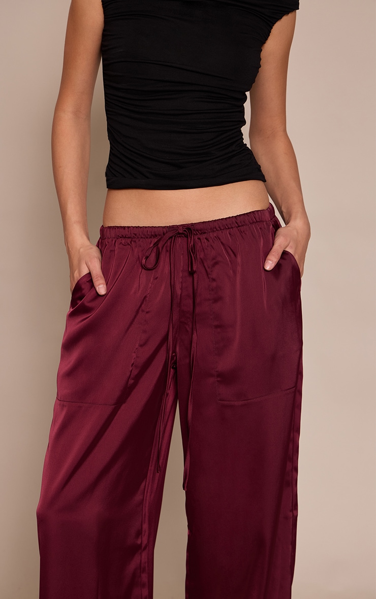 Burgundy Satin Low Rise Wide Leg Drawstring Pants image 4