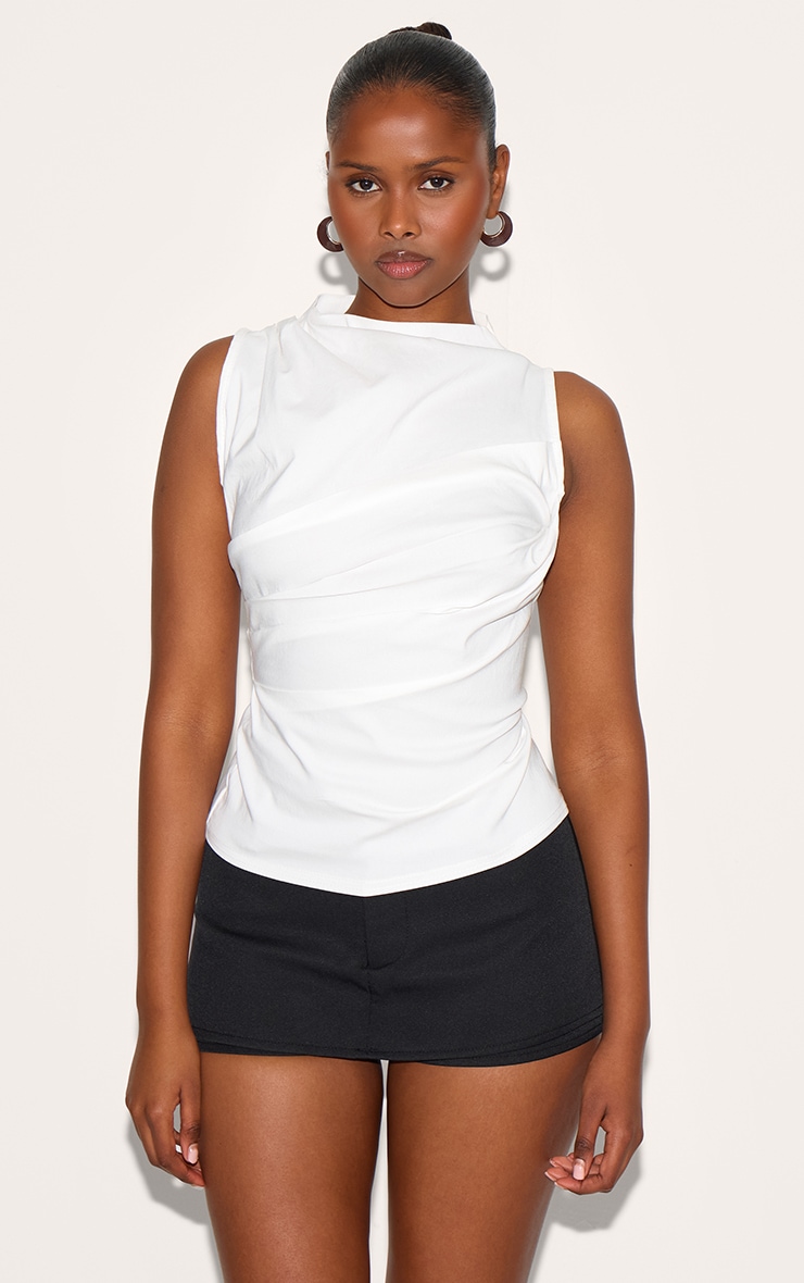 Cream Bengaline Ruched Fitted Long Top image 1