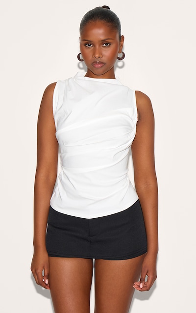 Cream Bengaline Ruched Fitted Long Top