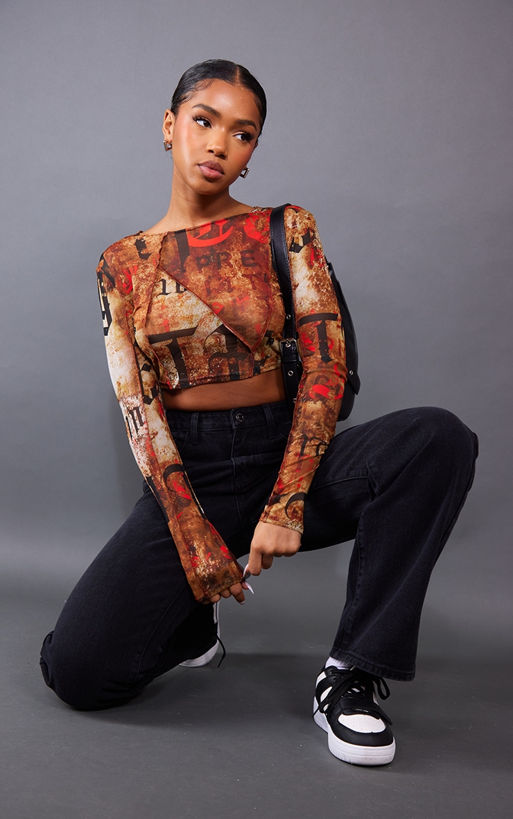Orange Printed Mesh Cut Out Side Top