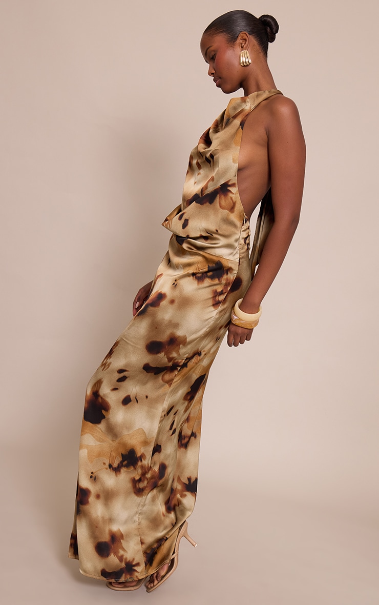 Green Abstract Print Satin Ombre Print Cowl Neck Maxi Dress image 3