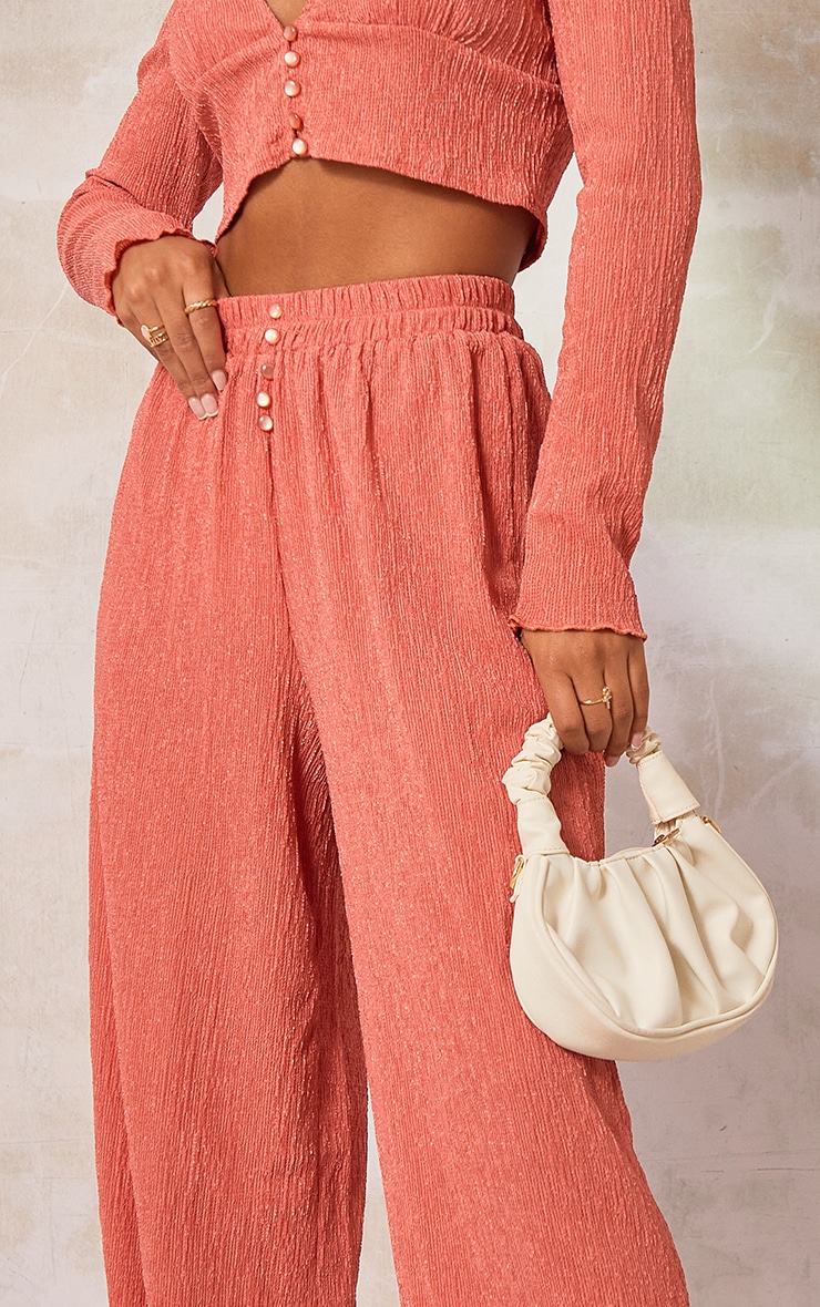 Dusty Rose Crinkle Textured Button Front Wide Leg Trousers image 4