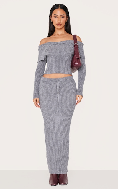 Petite Jupe longue en maille tricot gris anthracite à détail noué
