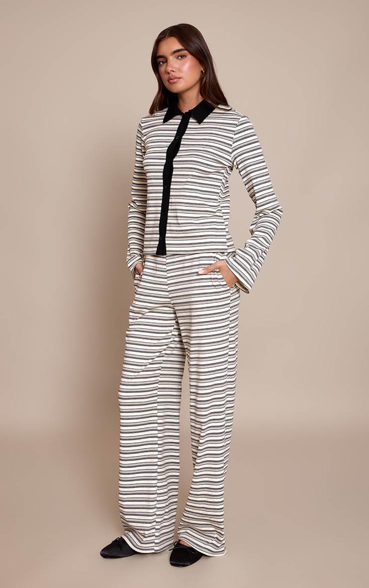 Black Striped Contrast Collared Long Sleeve Long Top  image 3