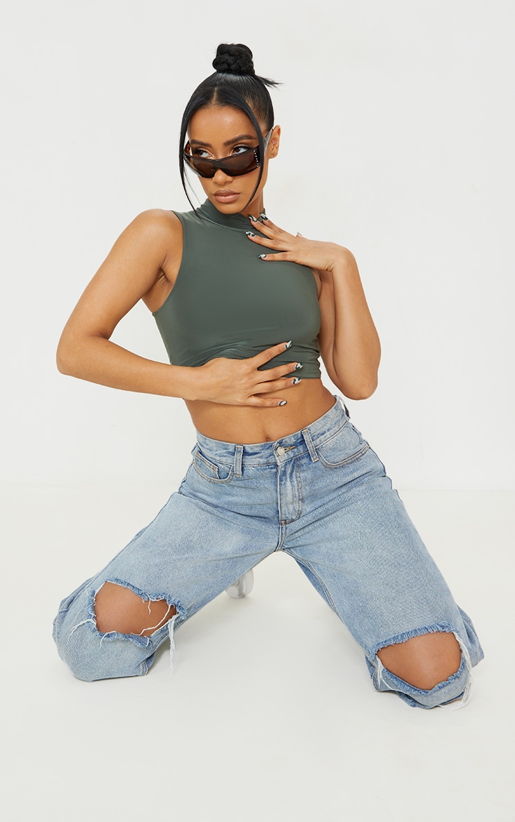 Khaki Slinky High Neck Racer Crop Top image 3