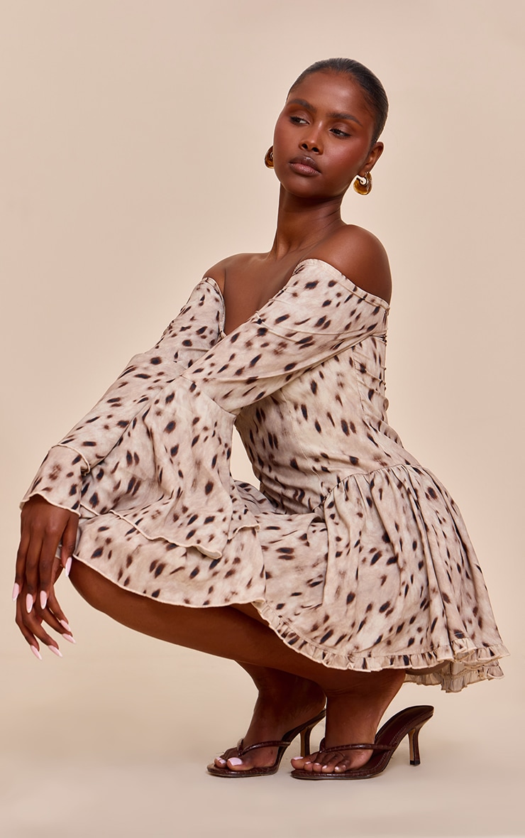 Brown Abstract Print Bardot Flare Sleeve Playsuit image 4