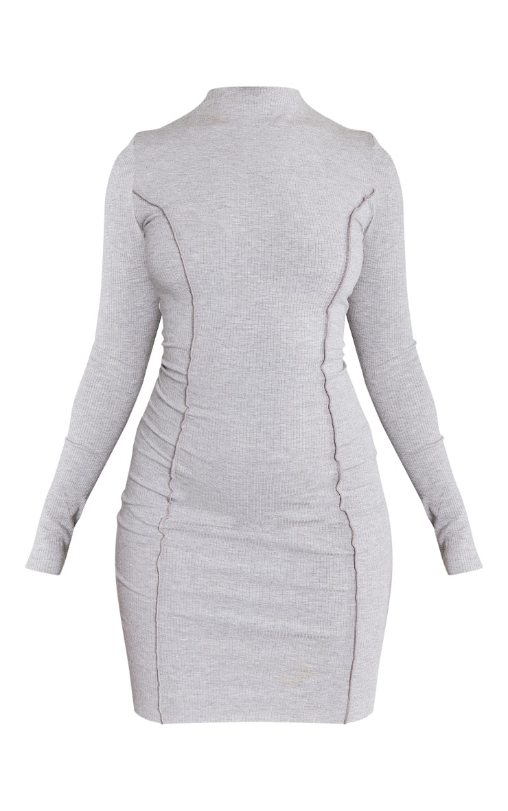 Grey Ribbed Long Sleeve Seam Detail Bodycon Dress image 5