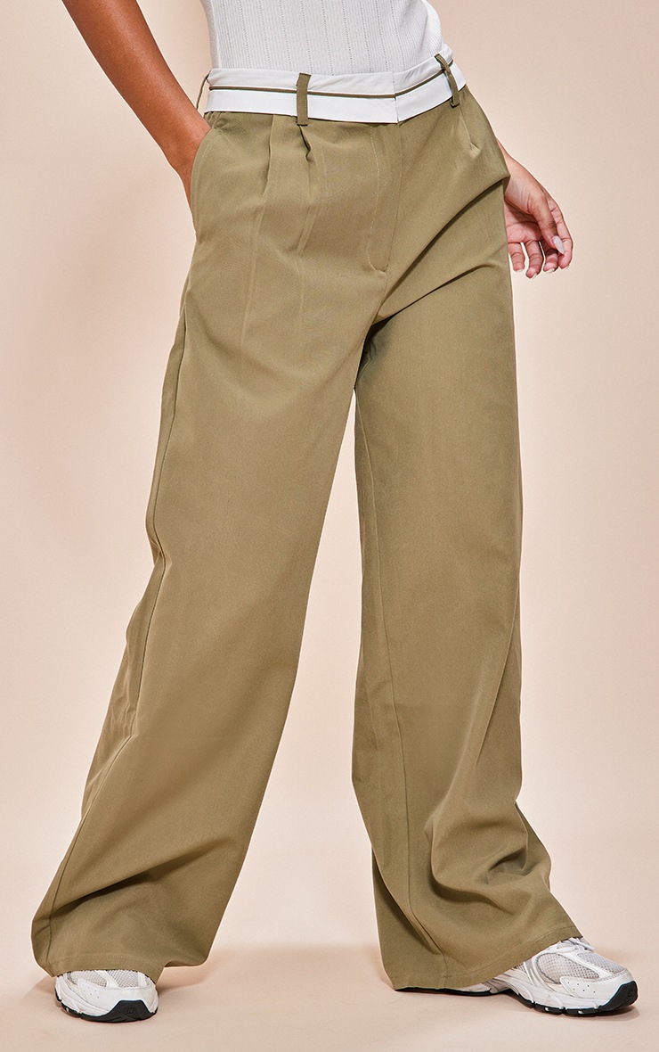 Khaki Turn Over Waist Straight Leg Trousers Bottoms PLT CA