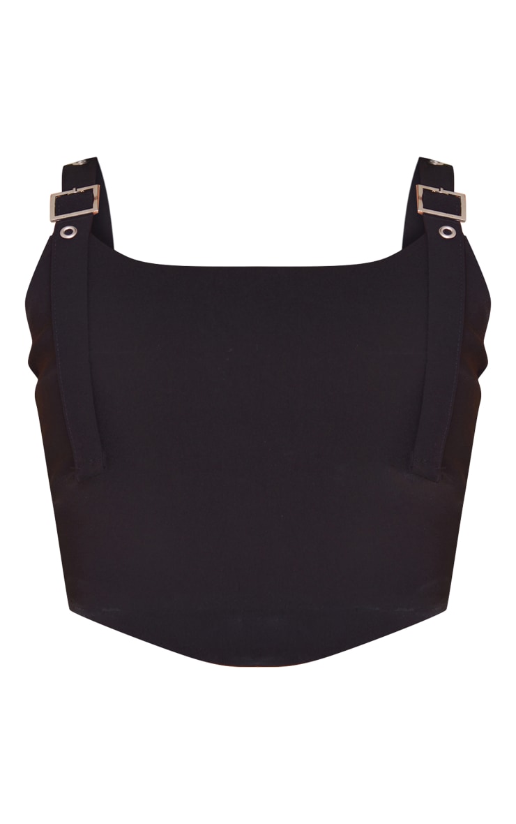 Black Stretch Woven Buckle Strap Crop Top PrettyLittleThing