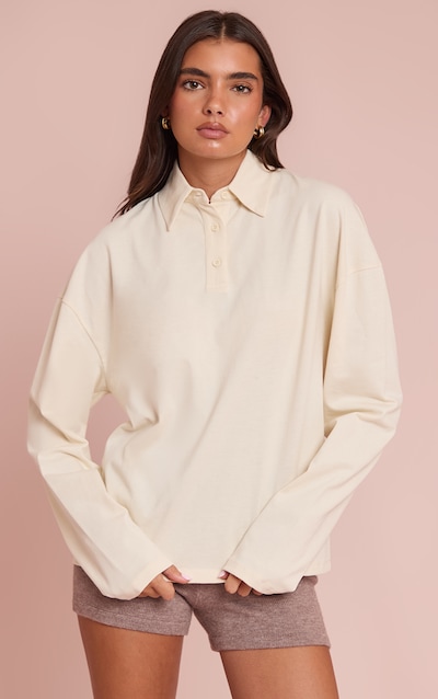 Cream Cotton Polo Collar Long Sleeve Top