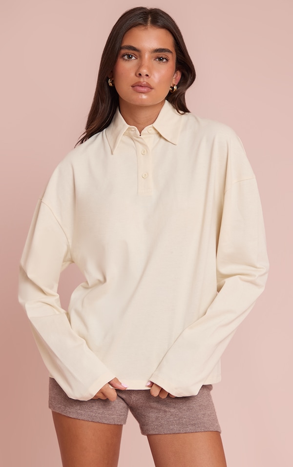 Cream Cotton Polo Collar Long Sleeve Top 