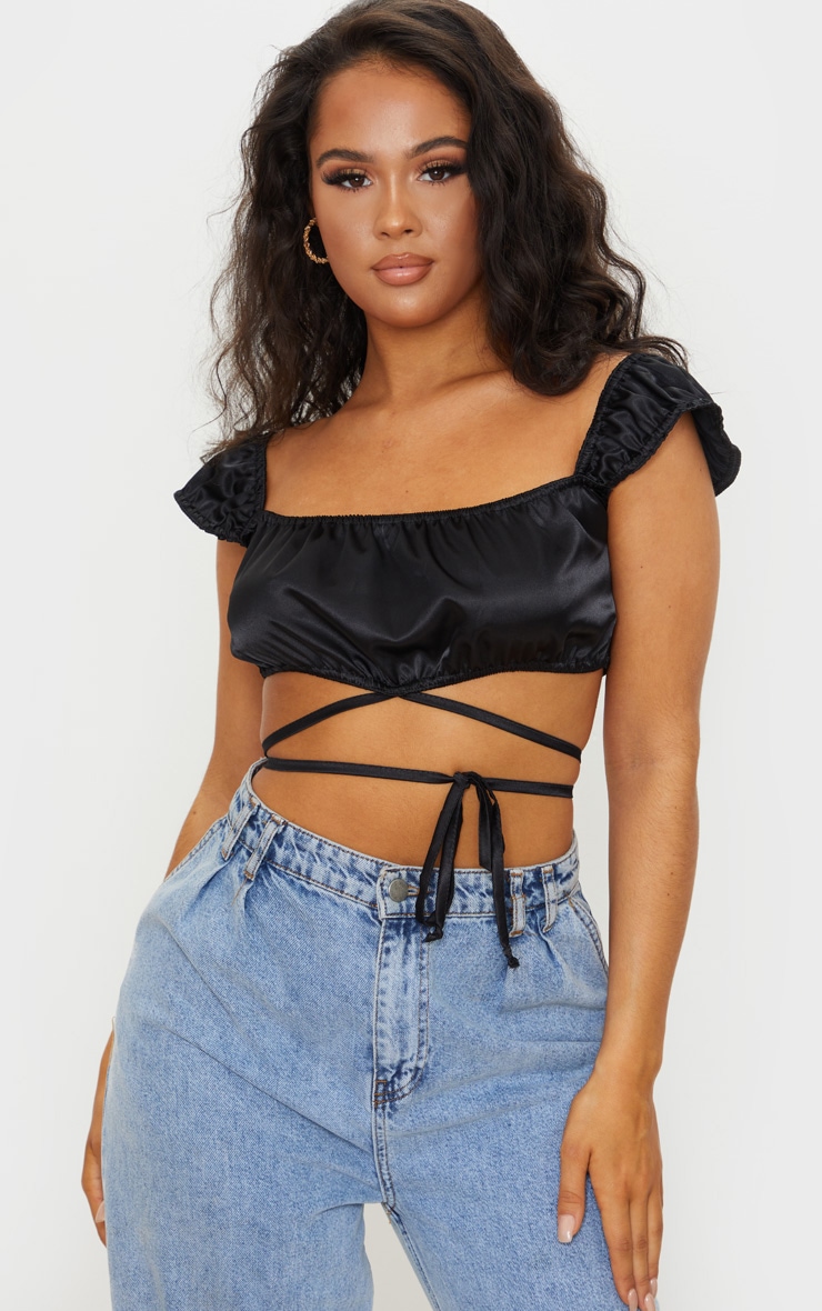 Black Satin Bardot Tie Detail Crop Top