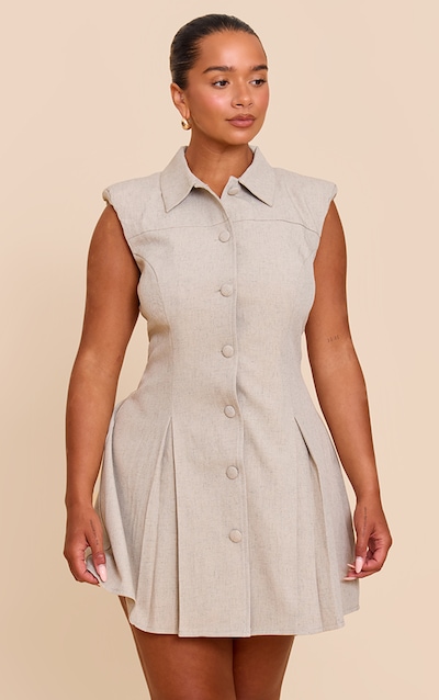 Shape Light Grey Sleeveless Button Up Pleated Hem Shirt Dress