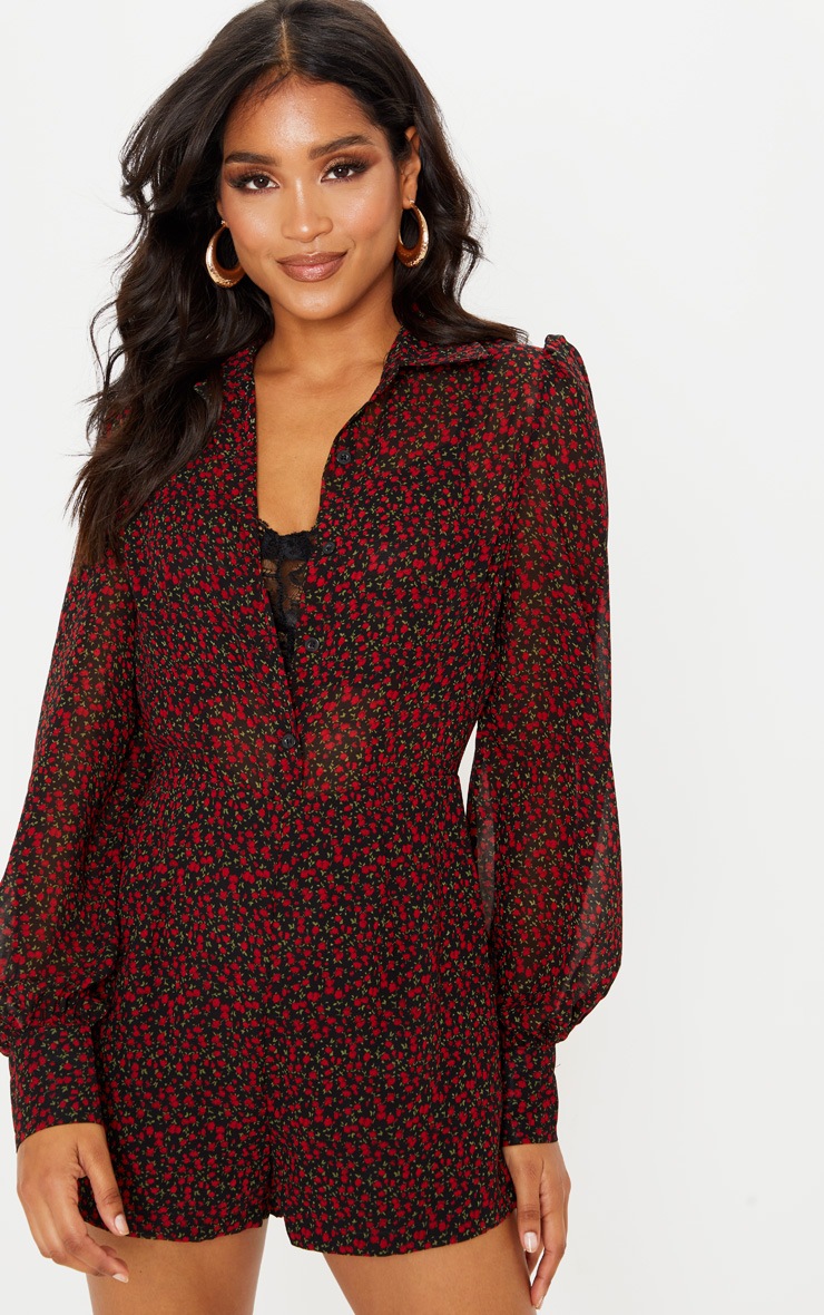 Black Ditsy Floral Puff Sleeve Button Up Playsuit