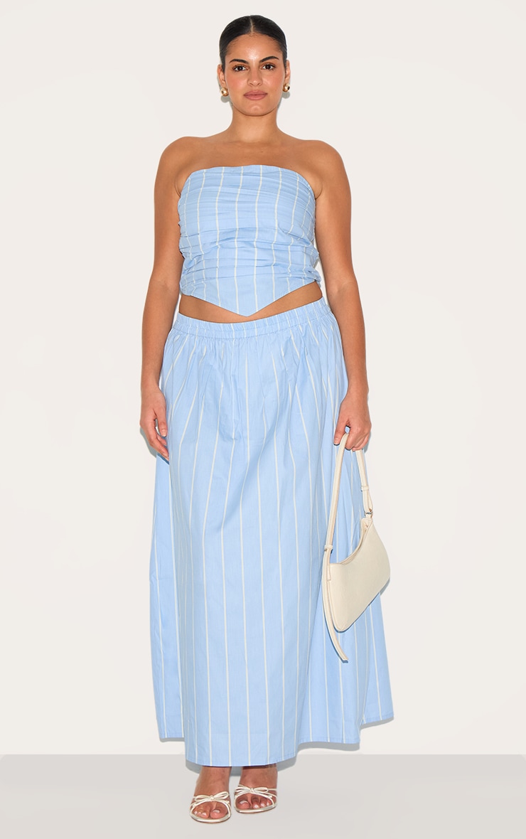 Plus Blue Cotton Poplin Bandeau Ruched Front Top image 3