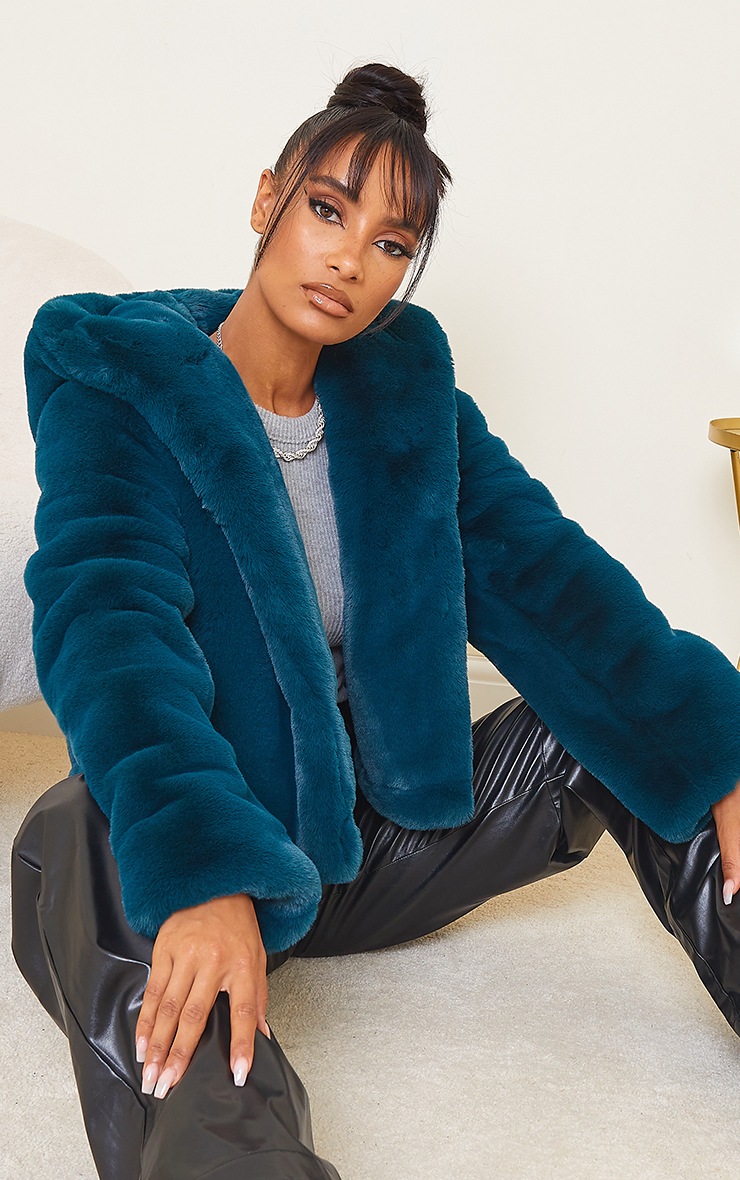 Teal Premium Cropped Faux Fur Hooded Coat