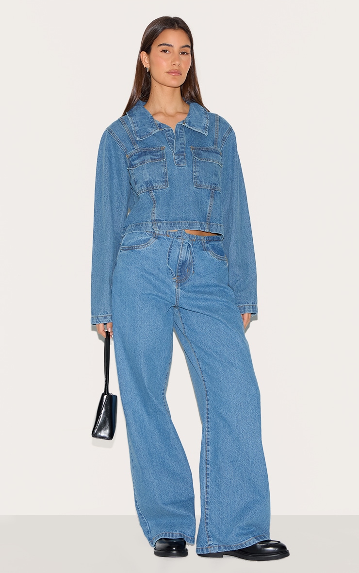 Mid Blue Wash Long Sleeve Denim Rugby Shirt image 3