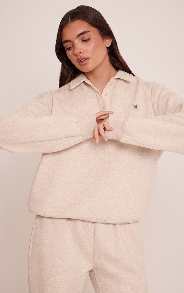 Oatmeal Marl PLT Badge Cotton Fleece Polo Sweatshirt