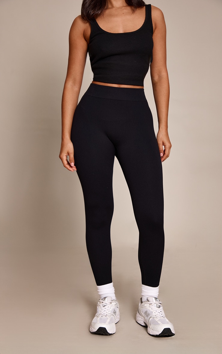 Petite Black Snatched Rib Seamless Leggings