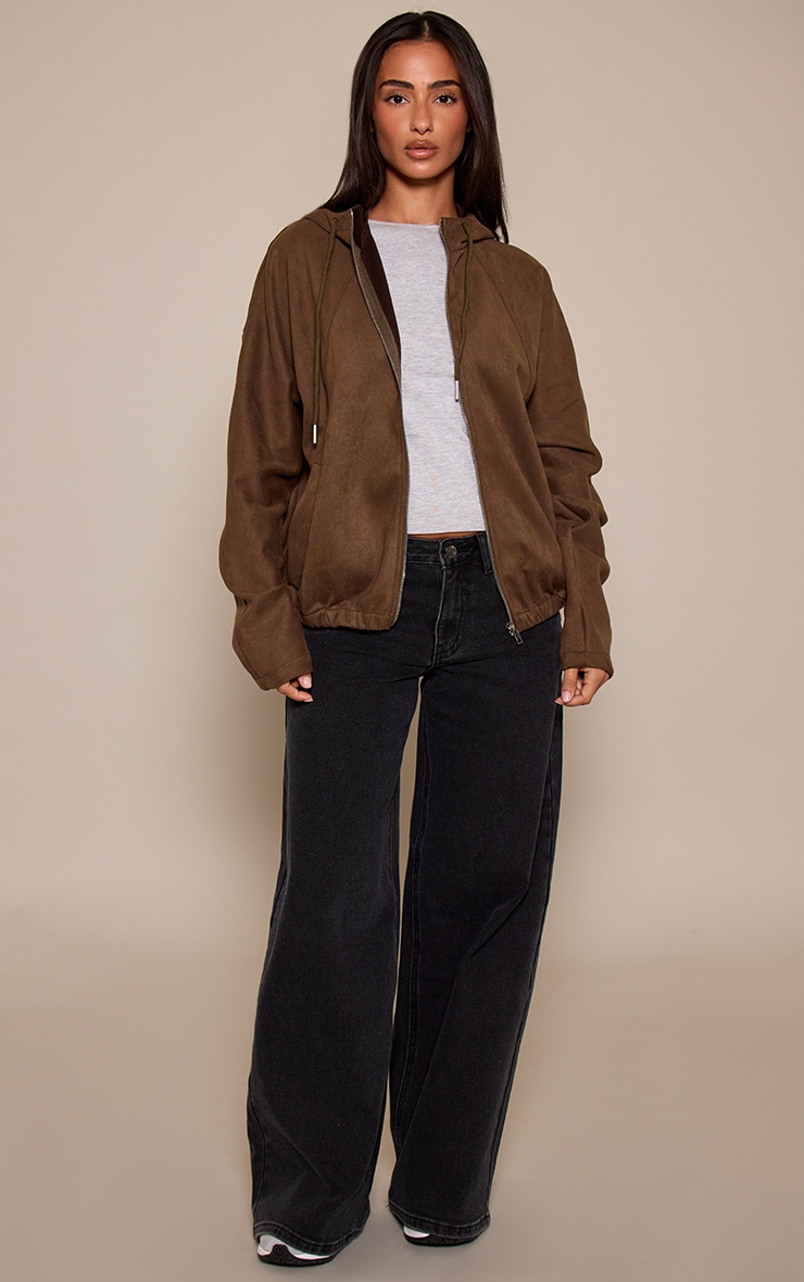 Petite Khaki Suede Hooded Zip Up Bomber Jacket image 3