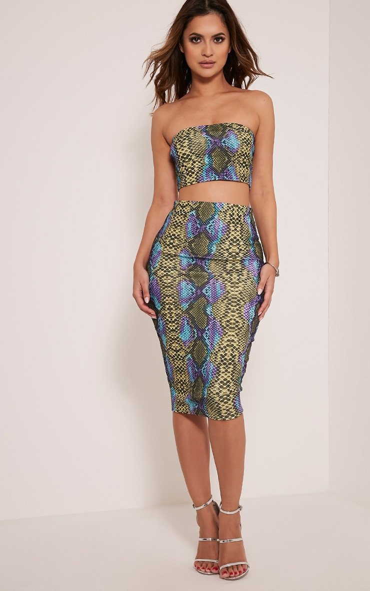 Dora Lime Snakeskin Bandeau Crop Top Tops PrettylittleThing