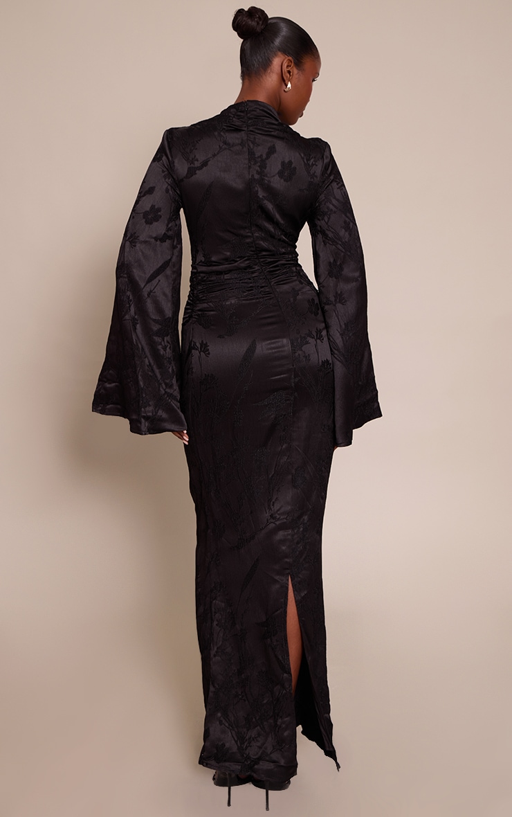 Black Floral Jacquard High Neck Flared Sleeve Maxi Dress image 2