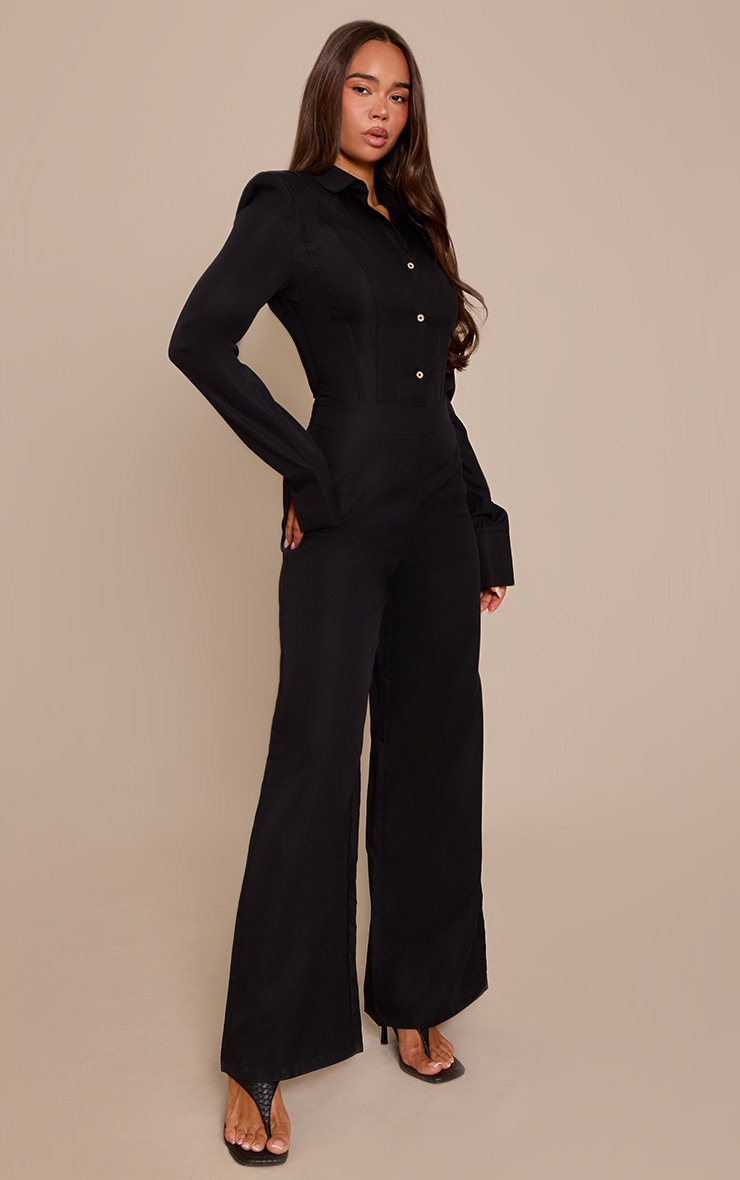 Black Woven Button Detail Long Sleeve Jumpsuit image 3