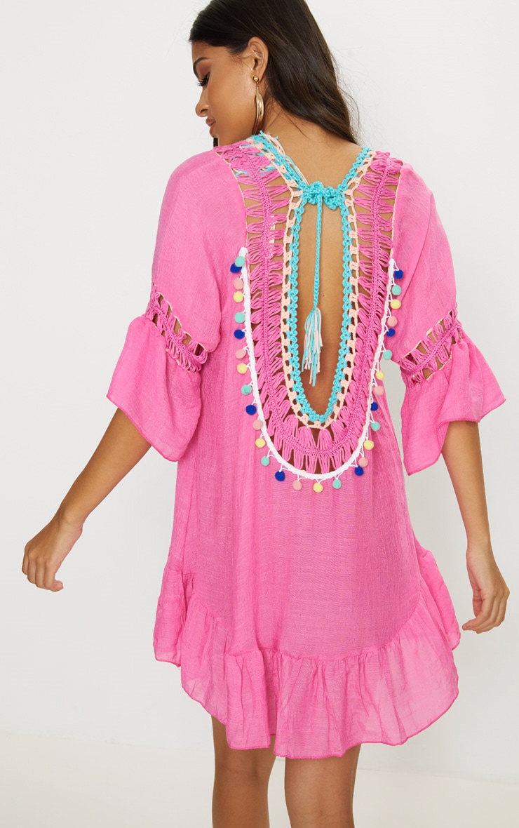 Hot Pink Pom Pom Crochet Back Frill Hem Sheer Shift Dress PLT IRE