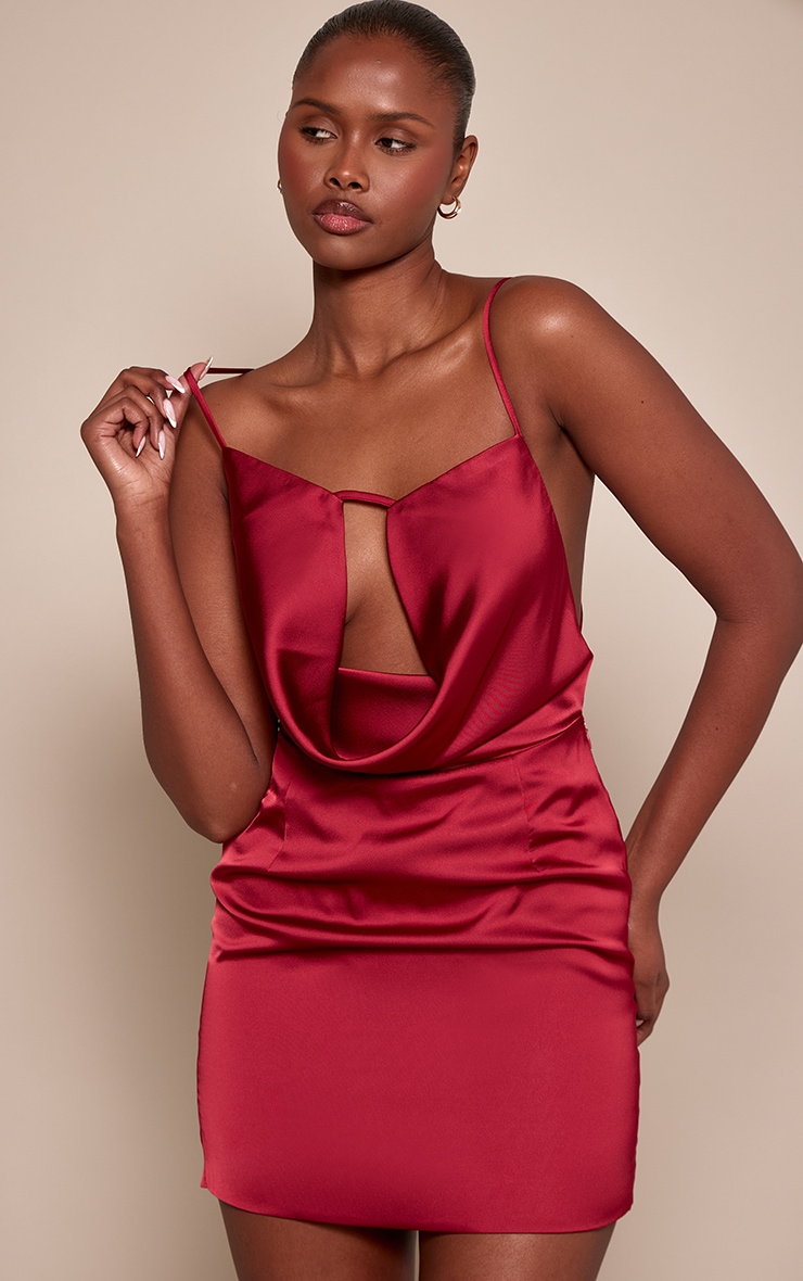 Wine Satin Cowl Neck Mini Shift image 1