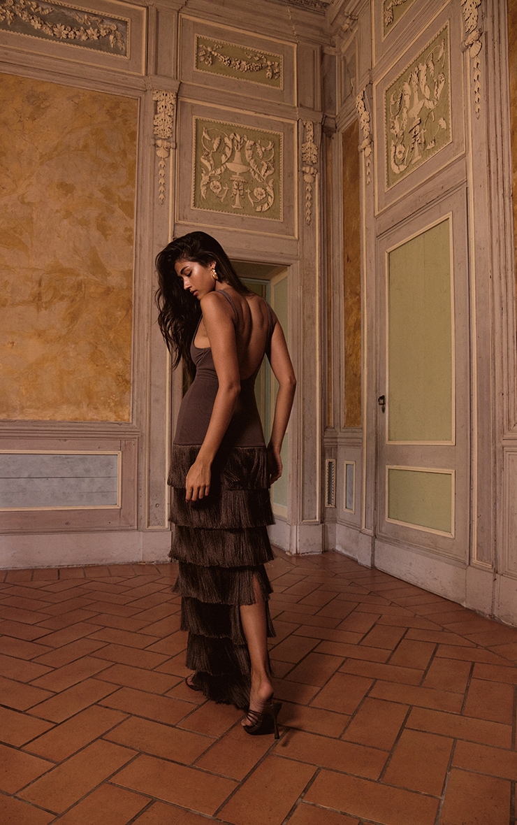 PLT Label Dark Chocolate Mesh Fringe Skirt Maxi Dress image 4