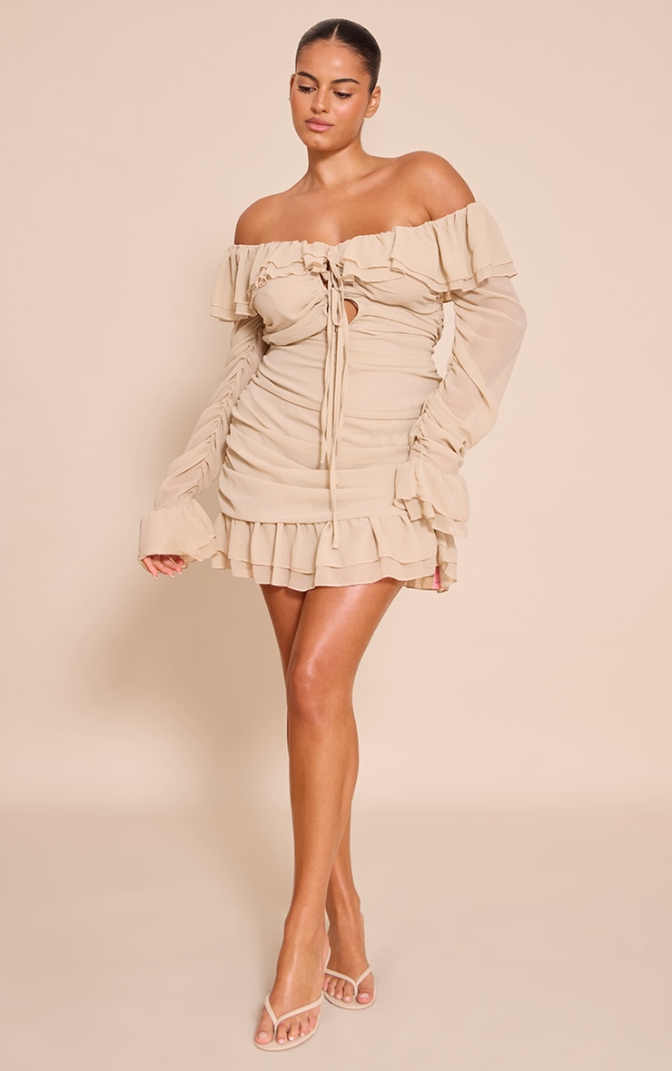 Plus Almond Oil Bardot Ruffle Detail Shift Dress image 3