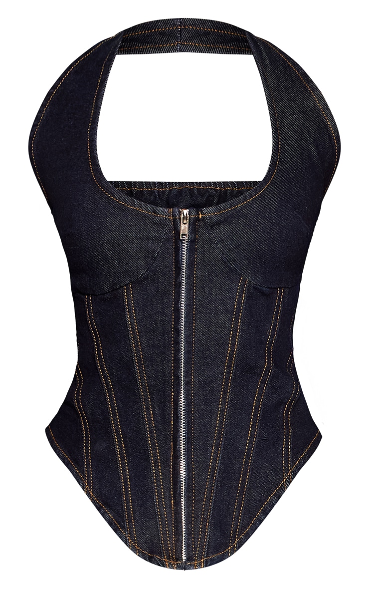 Raw Indigo Zip Front Halterneck Corset Style Top image 5