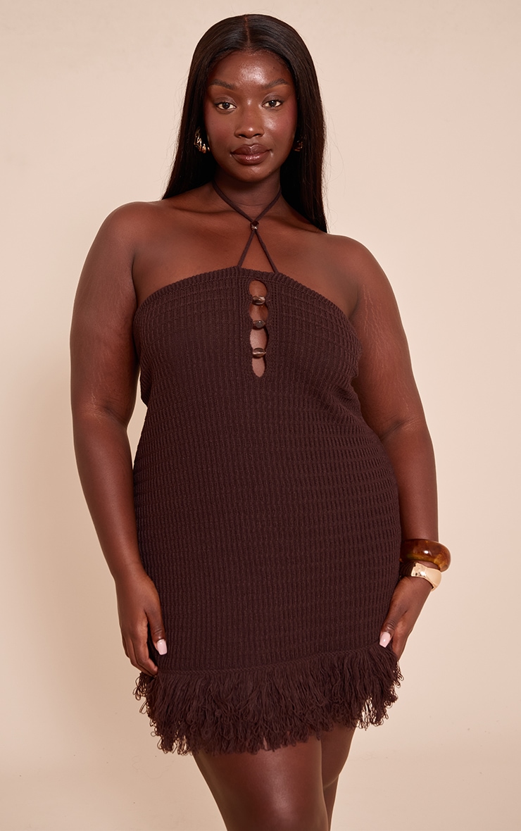 Plus Chocolate Knitted Halterneck Bead Detail Fringe Mini Dress image 1