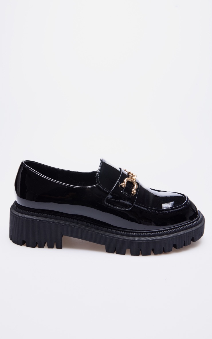 Black PU Round Toe Chunky Sole Chain Loafers Footwear PrettyLittleThing AUS
