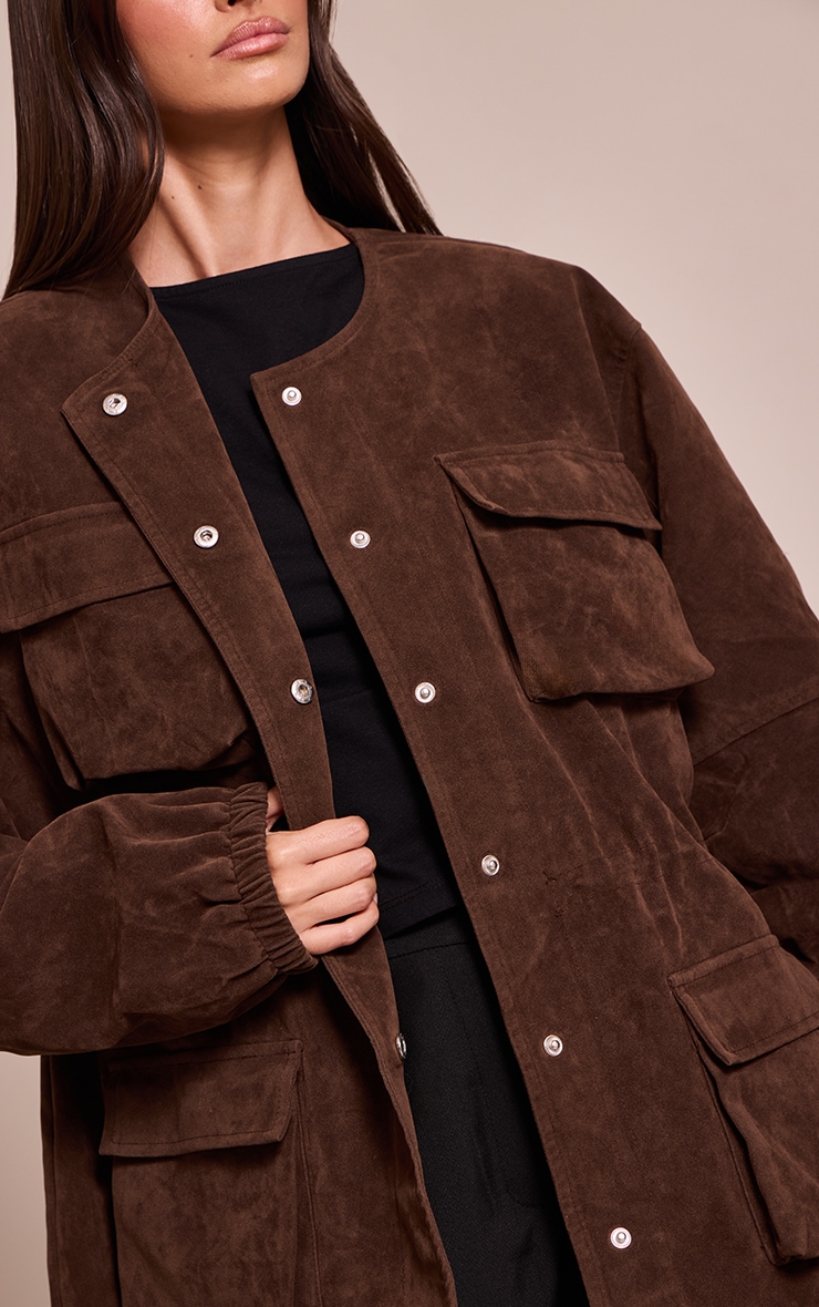 Chocolate Structured Faux Suede Pocket Detail Adjustable Waist Jacket image 4