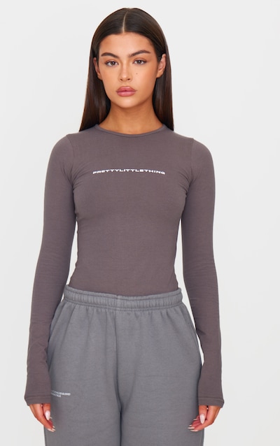 PRETTYLITTLETHING Charcoal Logo Print Long Sleeve Bodysuit