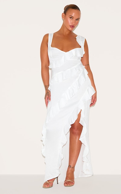 Plus White Satin Frill Layered Maxi Dress