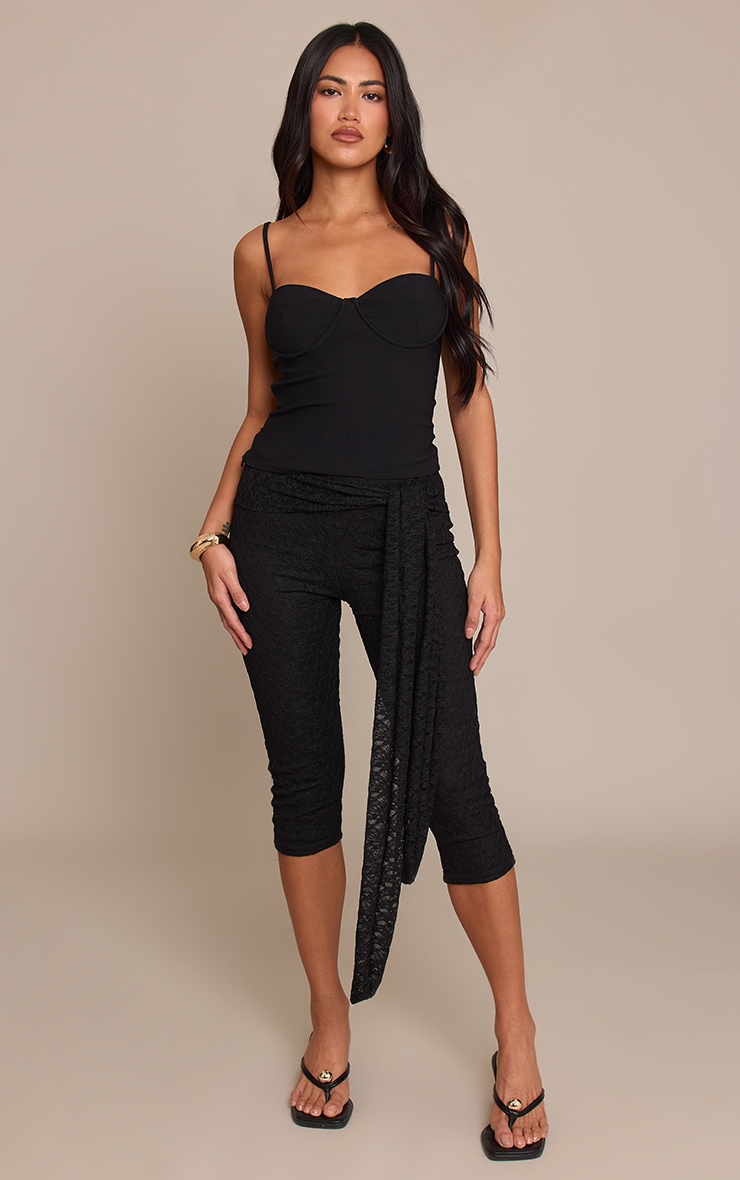 Black Textured Lace Wrap Waist Detail Capris image 1