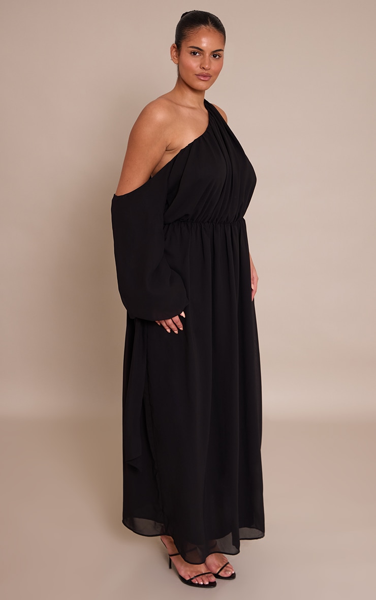 Plus Robe longue en mousseline de soie noire drapée à manches longues image 3