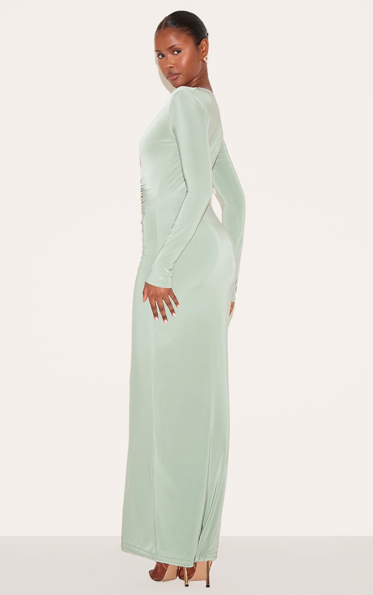 Sage Green Double Layer Plunge Ruched Maxi Dress image 2