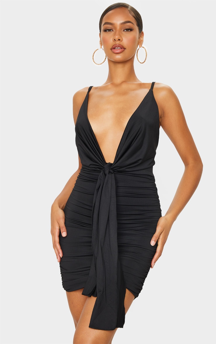 Black Slinky Cowl Drape Ruched Bodycon Dress