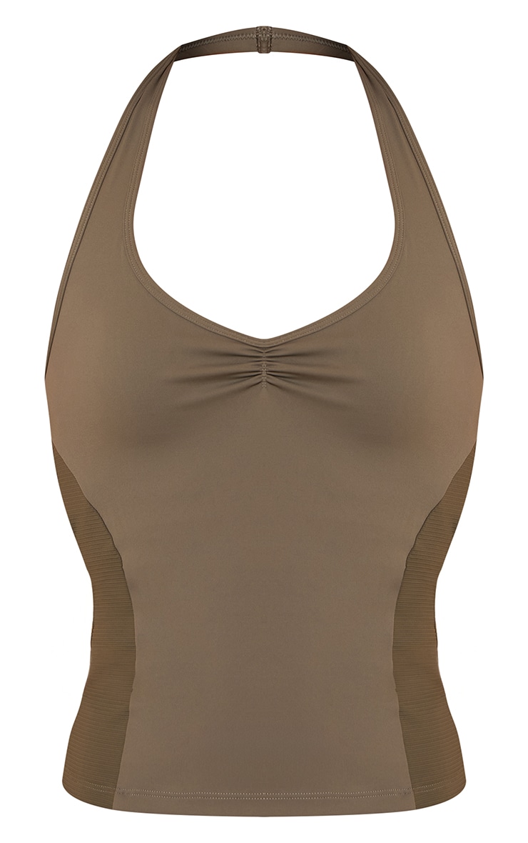 Olive Sculpt Rib Panel Halterneck Gym Top image 5