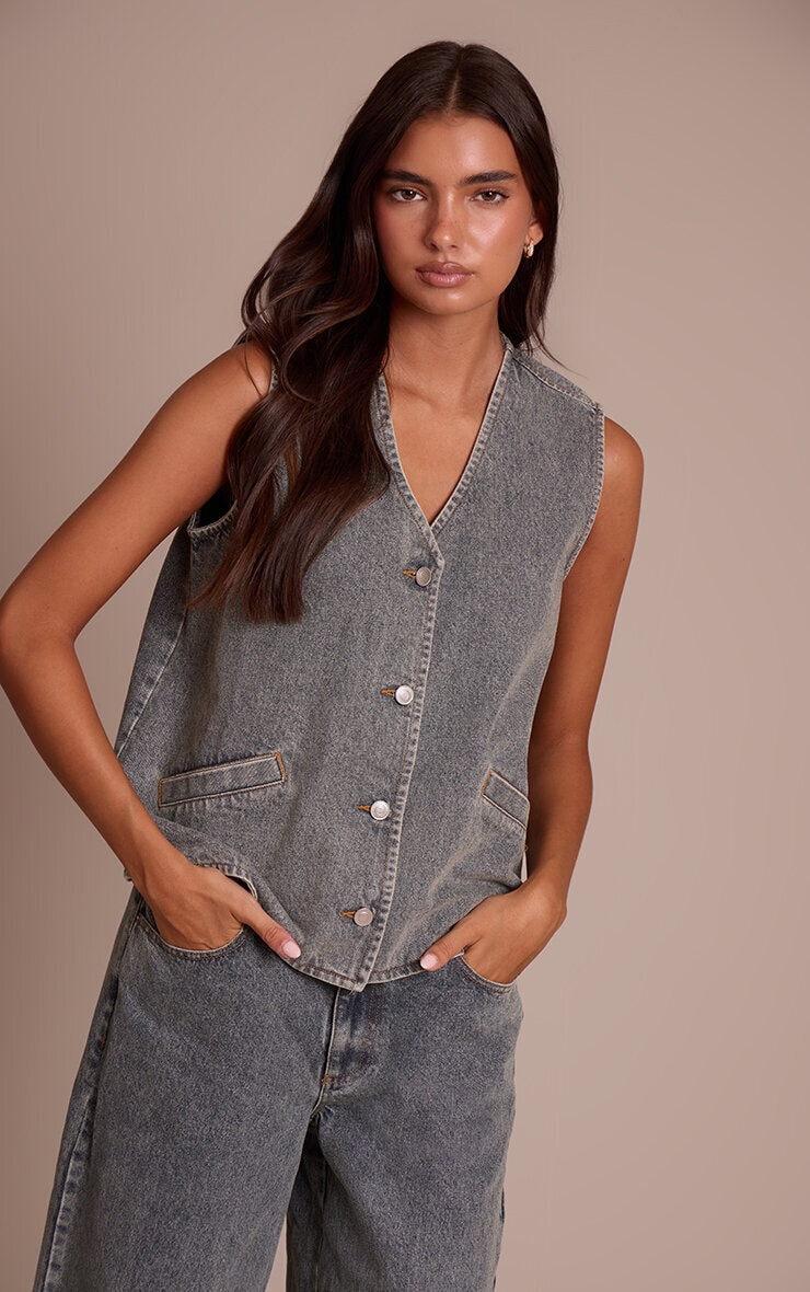 Gilet en jean vintage délavé sans manches à boutons image 1