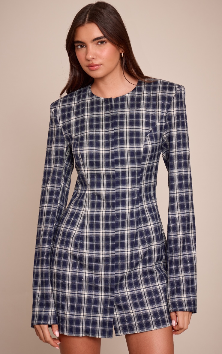 Navy Check Shoulder Pad Blazer Mini Dress image 1