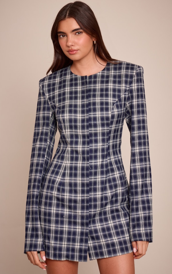 Navy Check Shoulder Pad Blazer Mini Dress