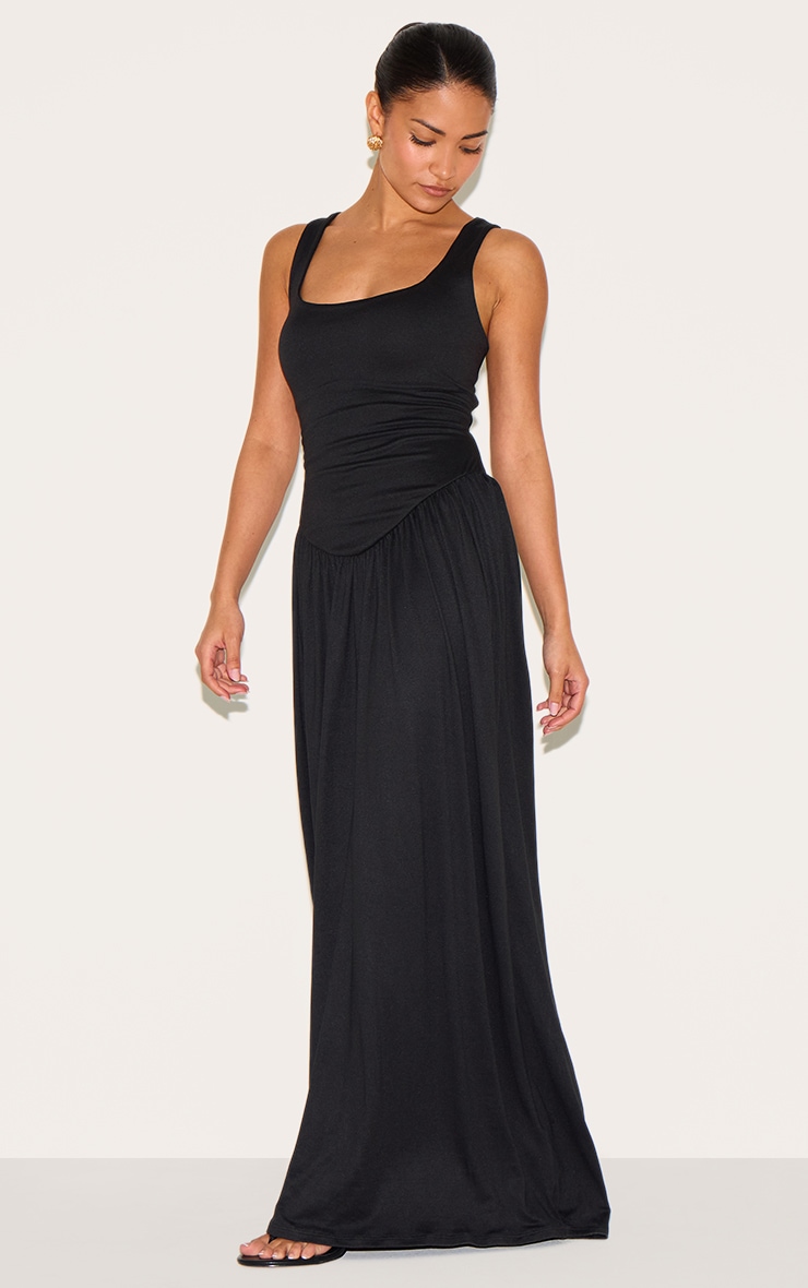 Robe longue Plissée Noire Silhouette Jersey Encolure Dégagée Taille Petite image 3