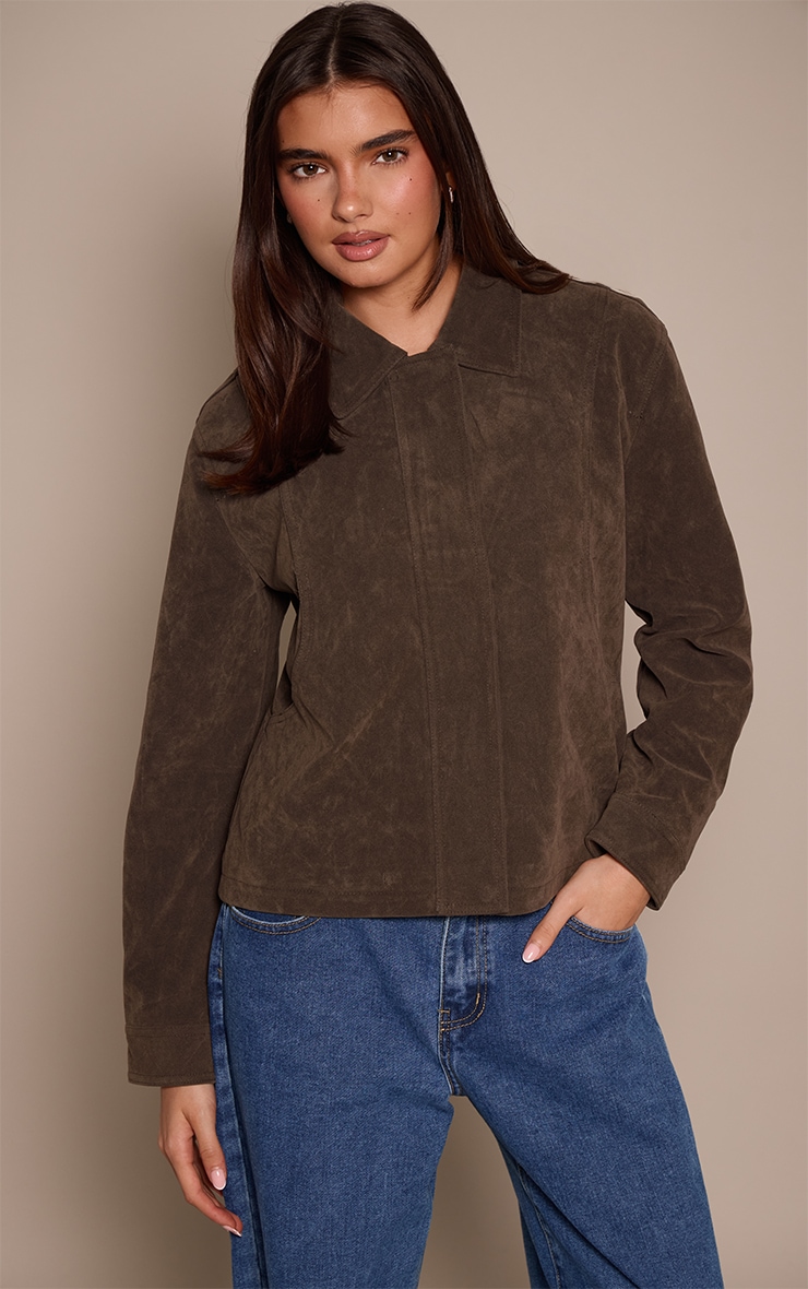 Khaki Faux Suede Concealed Placket Bomber Jacket