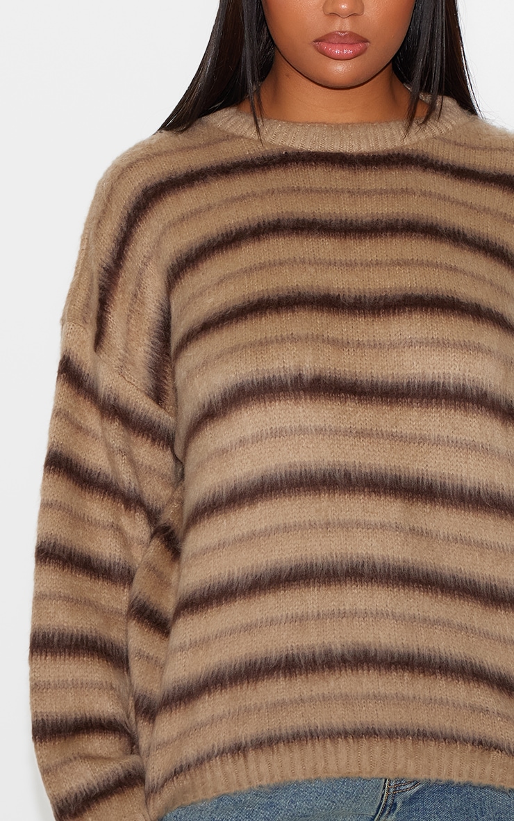 Plus Brown Stripe Fluffy Knit Oversized Sweater image 4