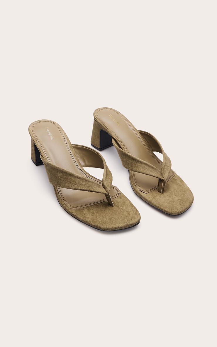 Olive Faux Suede Low Block Heel Toe Thong Mules image 3