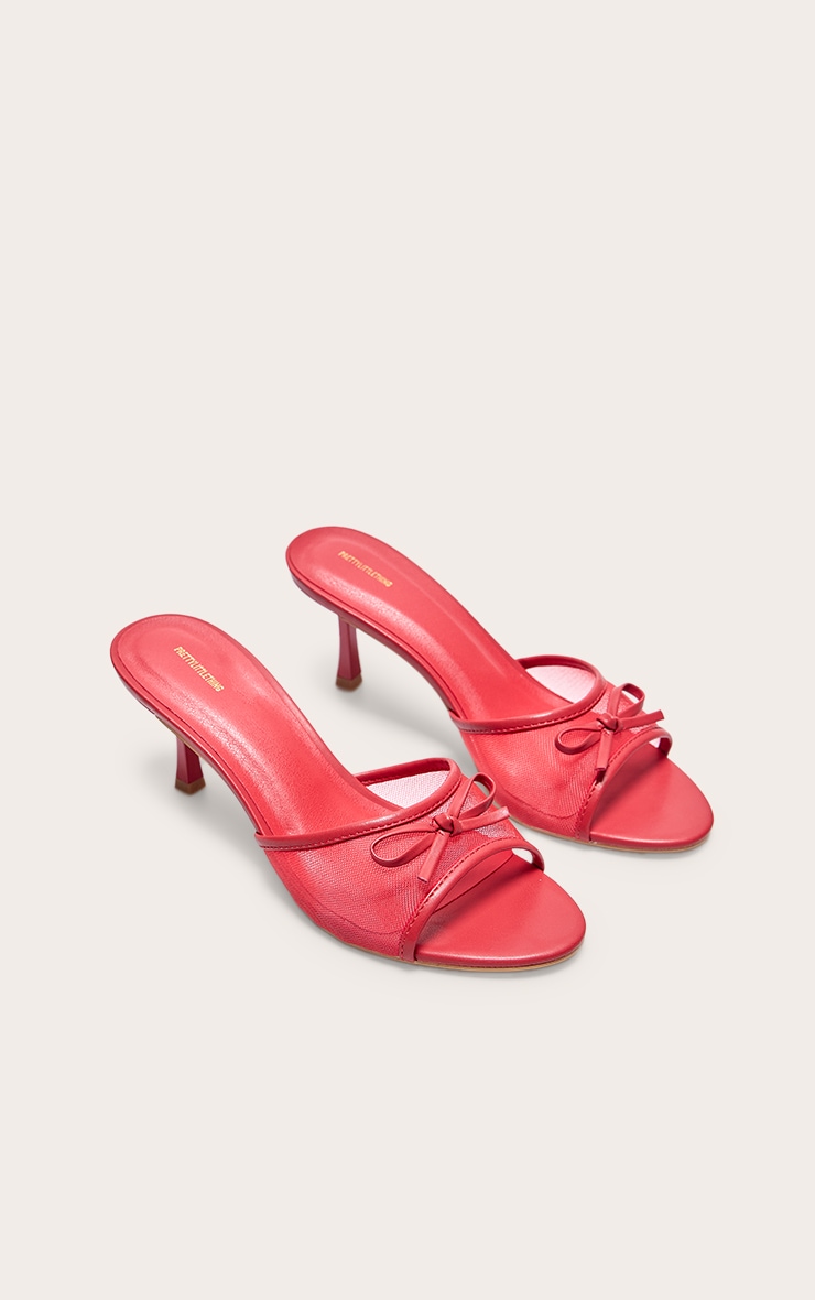 Red Mesh Round Toe Bow Strap Mid Heeled Mules image 2